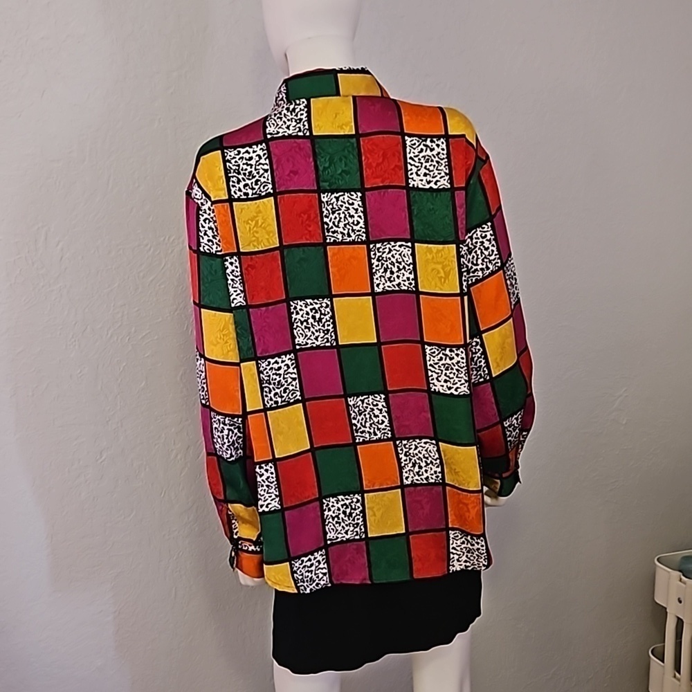 LAURA & JAYNE Colorful Satin Checkerboard Leopard Print Button Down Shirt - Picture 5 of 6